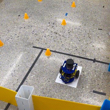 Mbot differential-drive robot in a warehouse-like arena